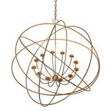 Top angled view of gold atom chandelier showcasing rotating ring structure and candlelights.