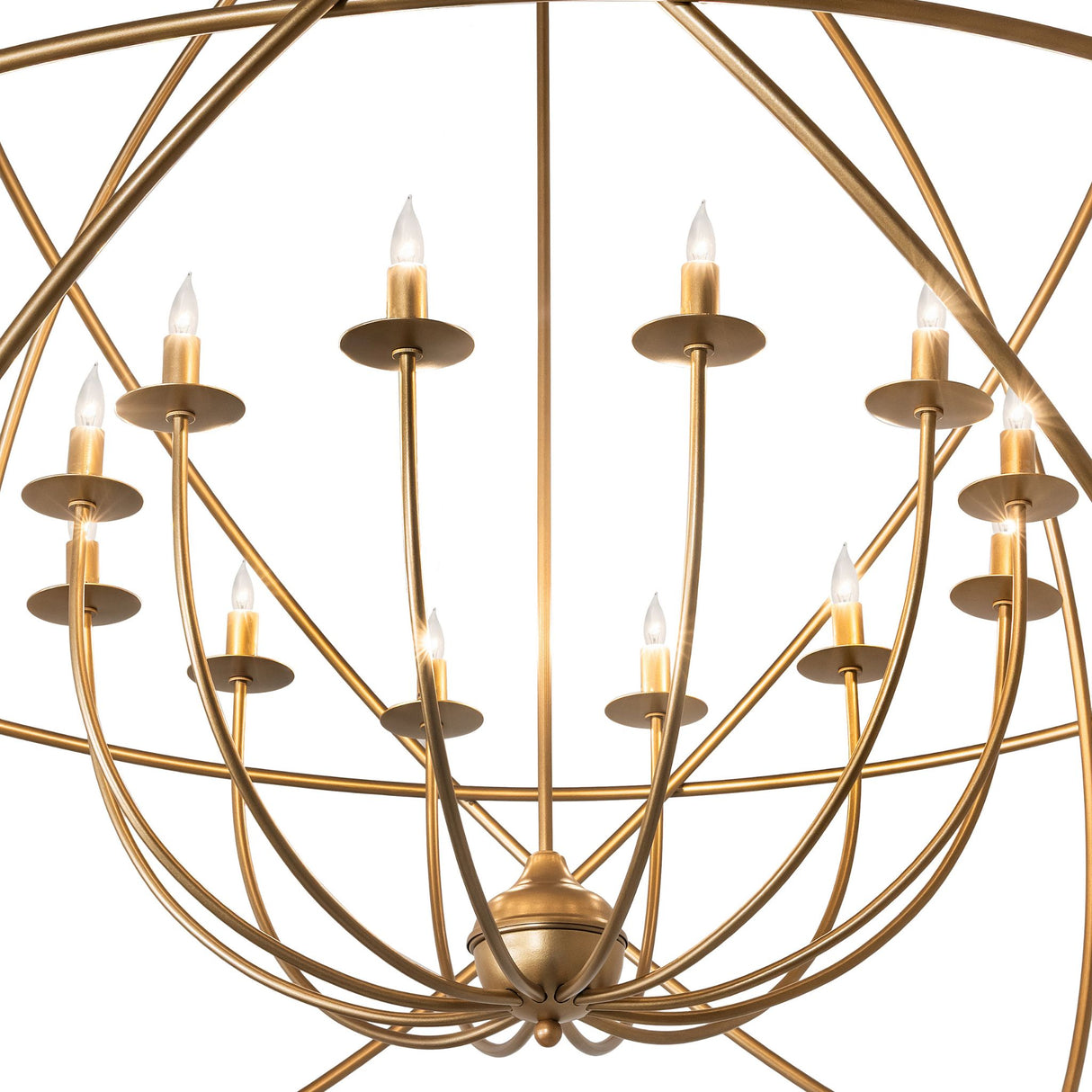 Close-up of candlelight arm and gold curved frame detailing on atom chandelier.