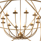 Close-up of candlelight arm and gold curved frame detailing on atom chandelier.