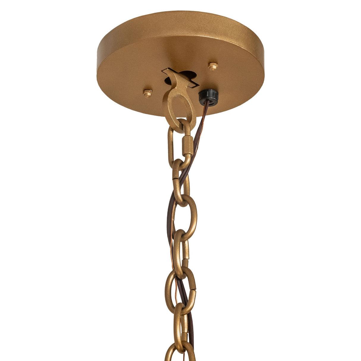 Canopy and chain detail showing gold finish and suspension hardware.