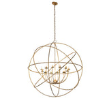 Full view of gold atom-inspired 12 light chandelier suspended from ceiling.