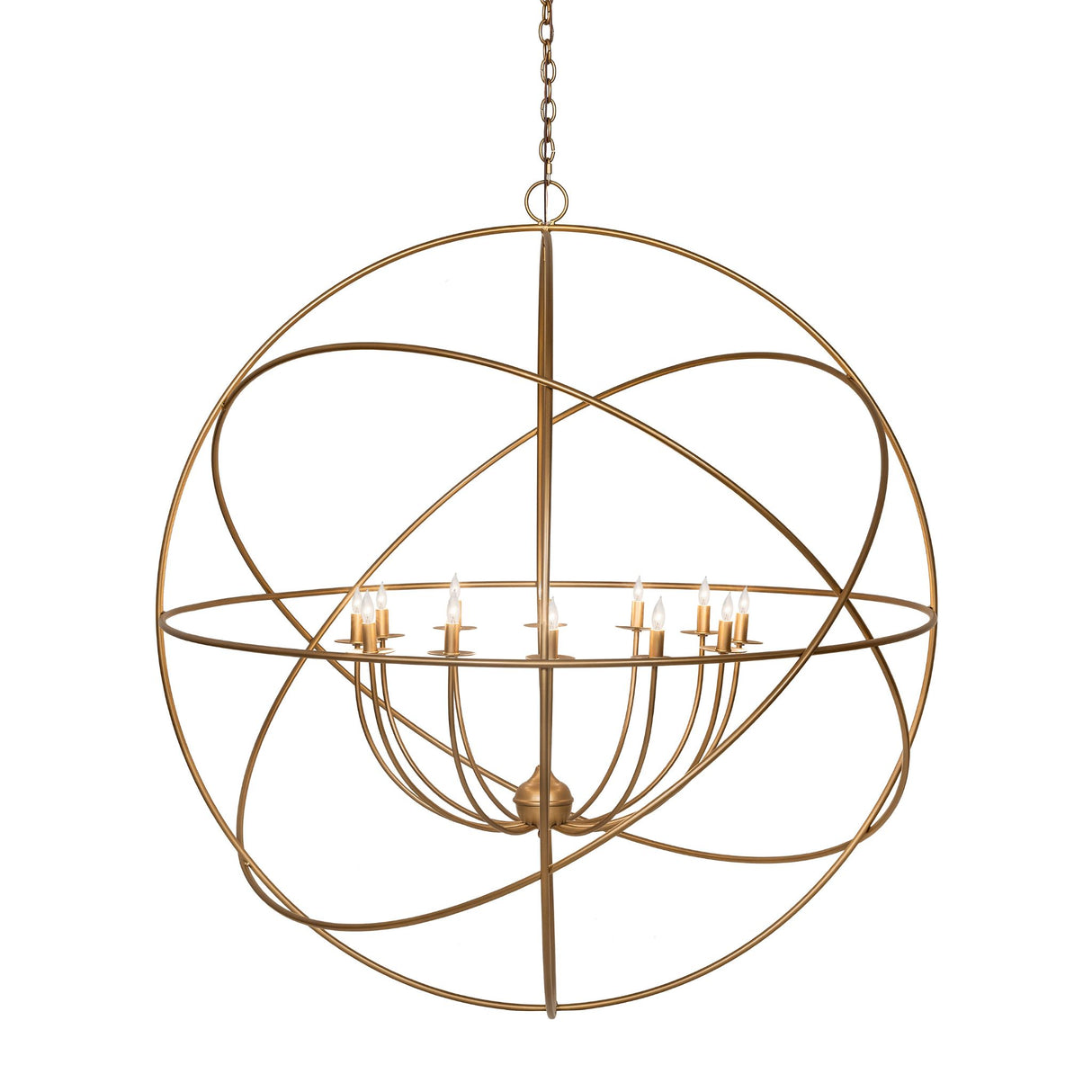 Side view of spherical gold atom chandelier with symmetrical 12-light layout.