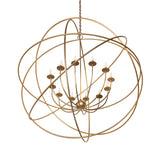 Tilted view showing dimensional layered rings and candlelight arms of atom chandelier.