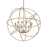 Large gold atom chandelier with 12 candlelight arms unlit view.