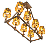 Angled bottom view emphasizing metal frame and glowing mica shades.