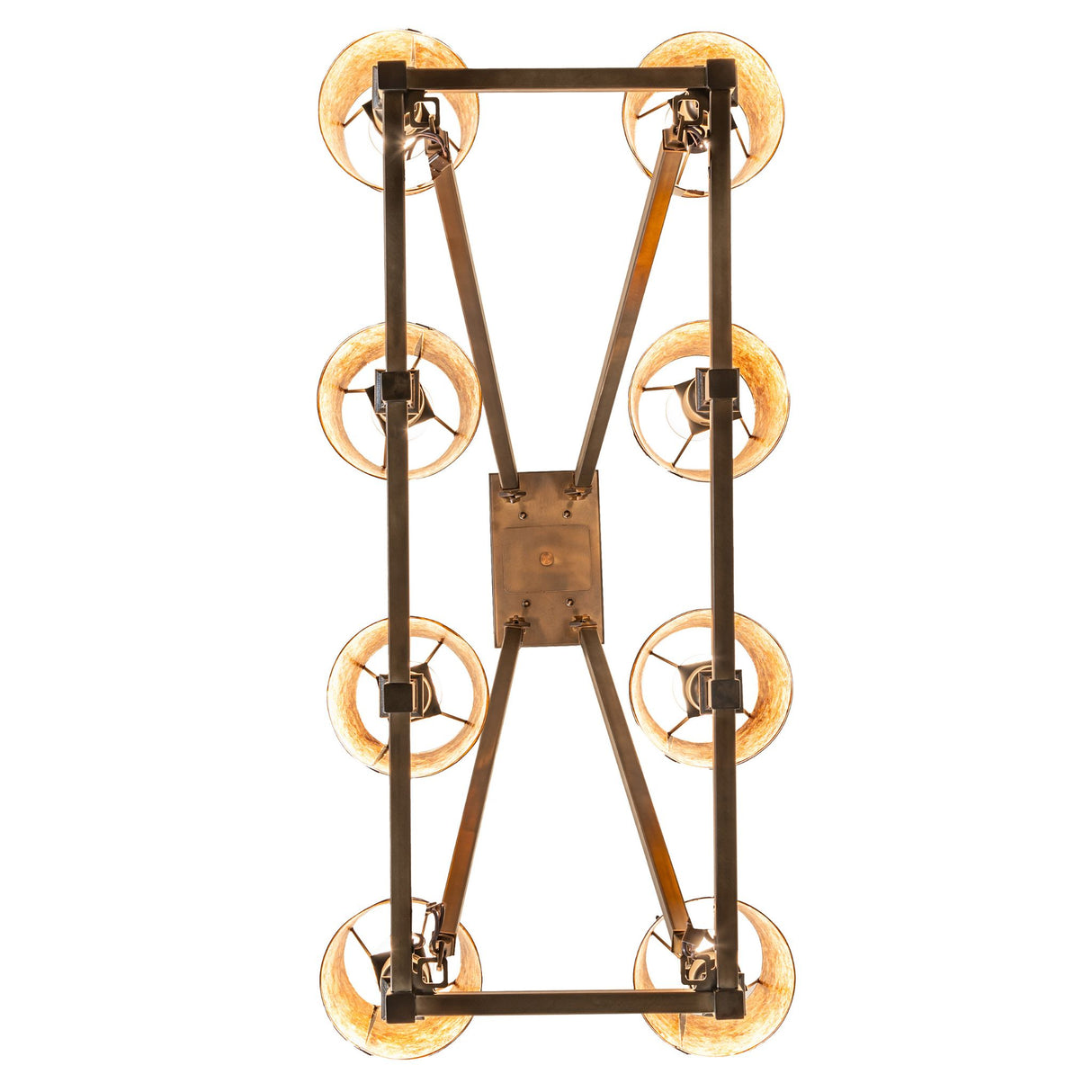 Bottom view showing symmetrical layout of eight amber mica shades.