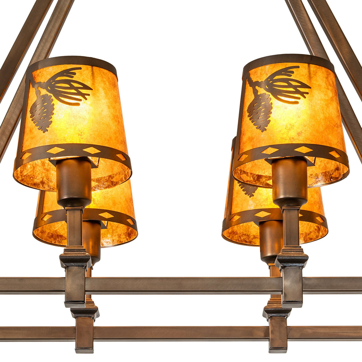 Close-up of antique copper frame and decorative metal accents.