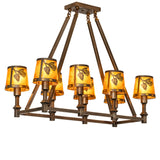 Lit view of eight-light oblong chandelier with amber mica shades illuminated.