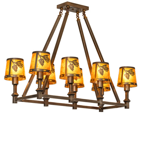 Lit view of eight-light oblong chandelier with amber mica shades illuminated.
