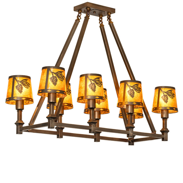 Lit view of eight-light oblong chandelier with amber mica shades illuminated.