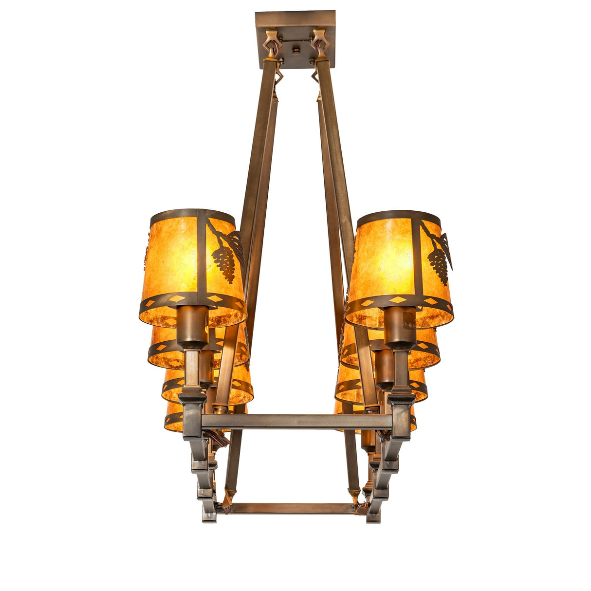 Side angle view showing illuminated amber mica shades and oblong frame.
