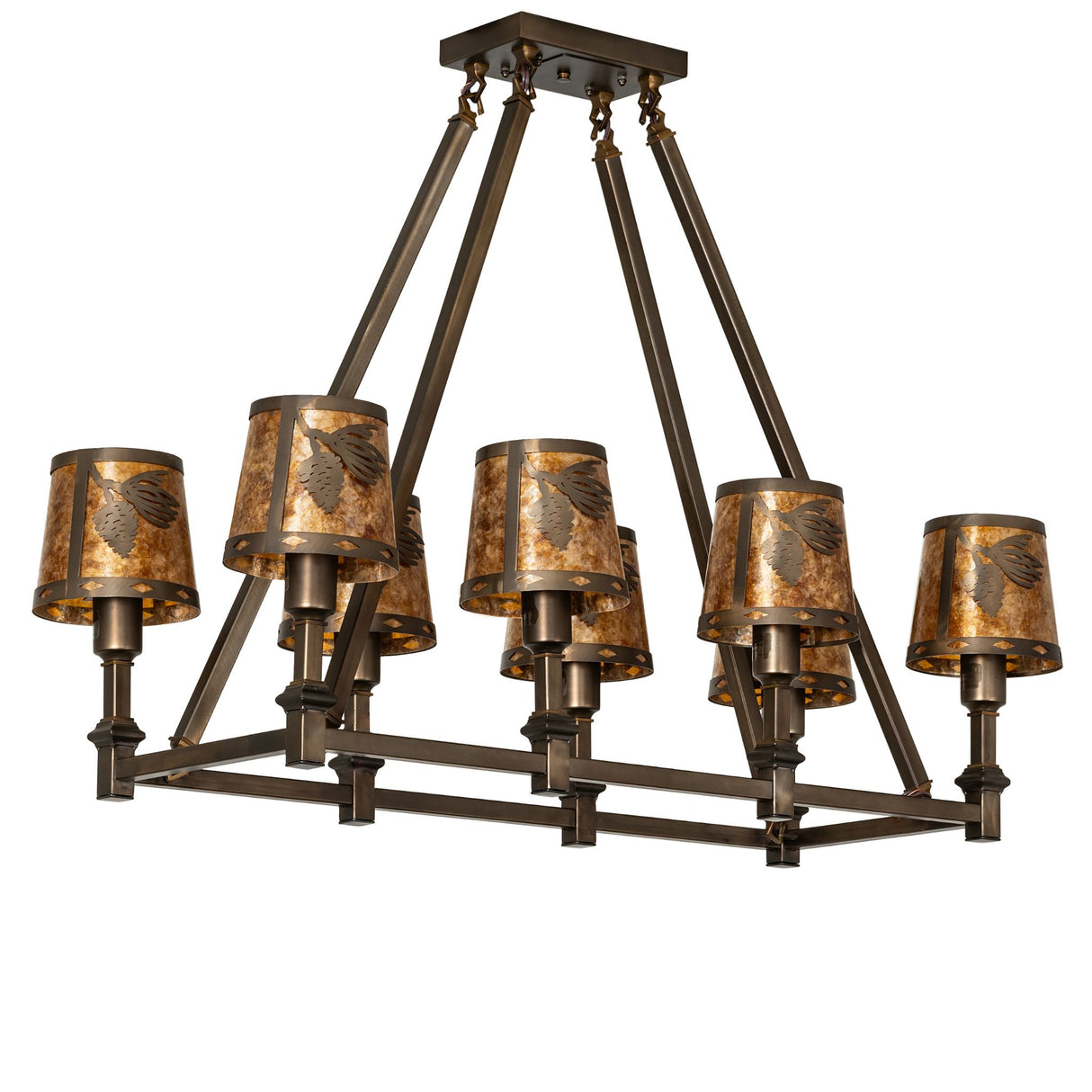 Unlit oblong chandelier highlighting amber mica shades and metal frame.