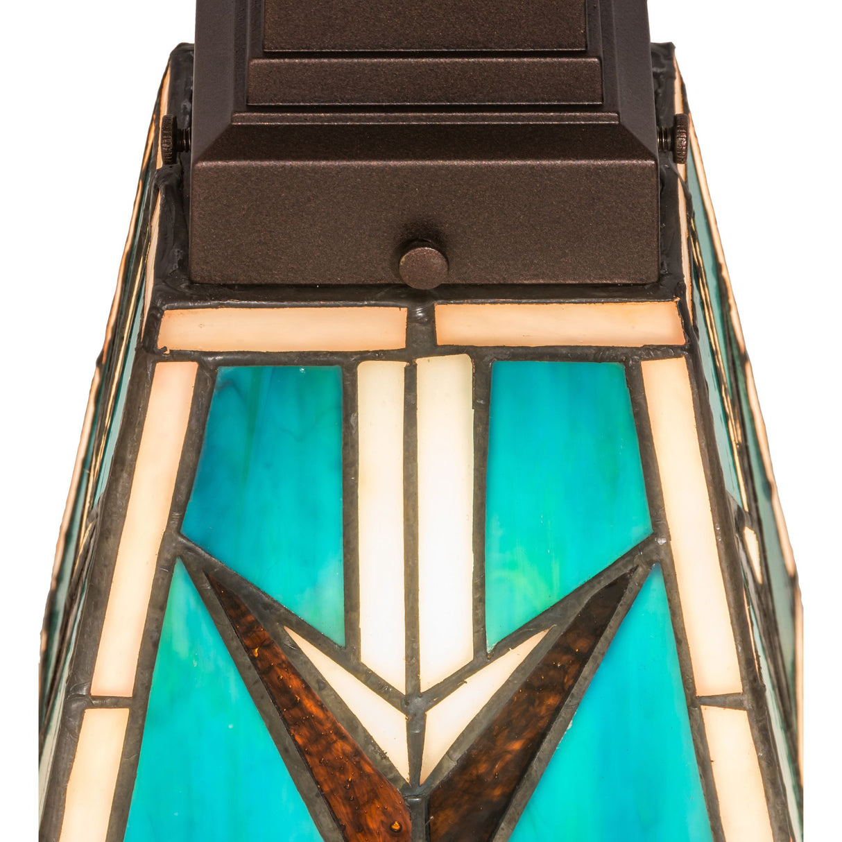 Close-up of Valencia Mission Mini Pendant showcasing intricate stained glass details.