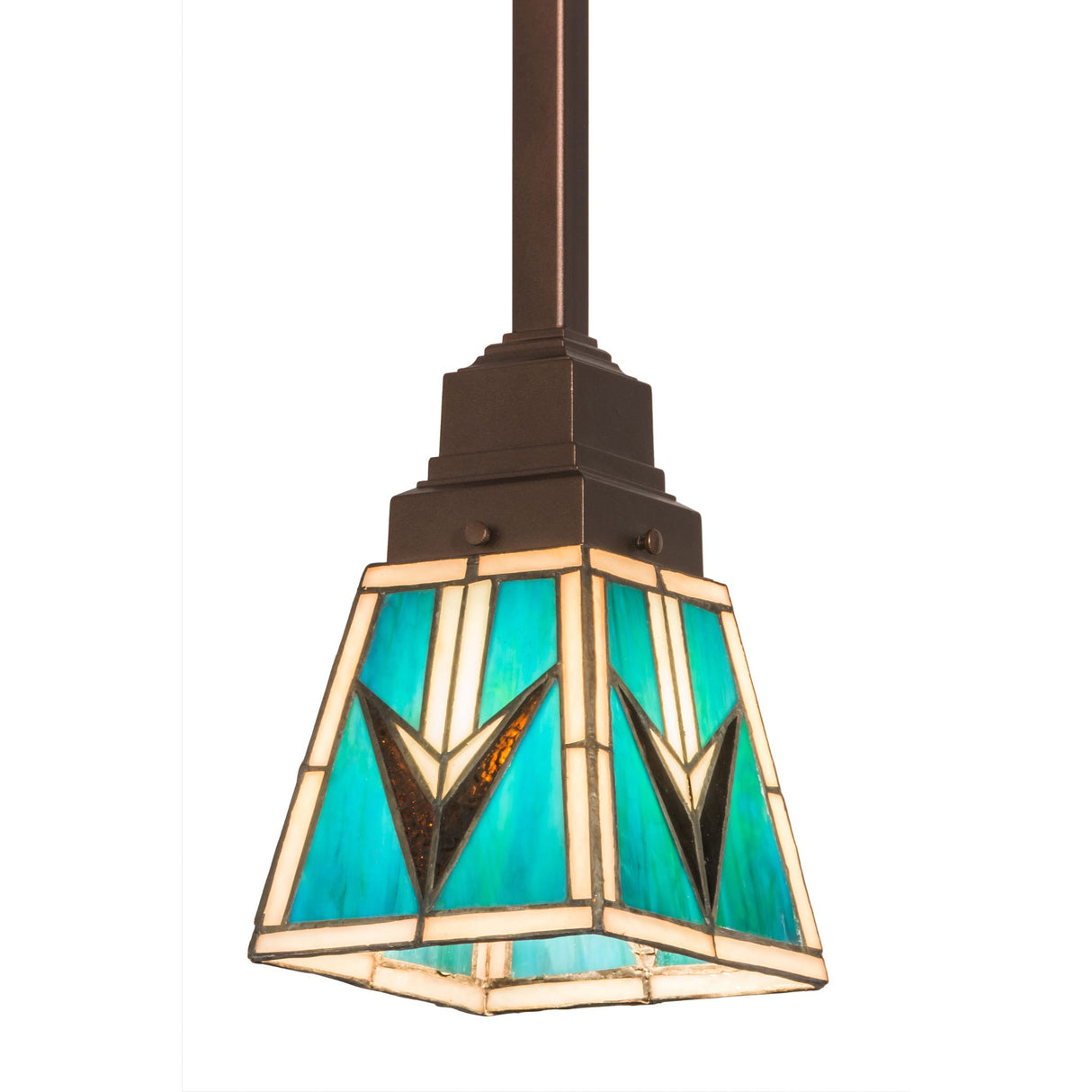Front view of Valencia Mission Mini Pendant with turquoise and brown stained glass.