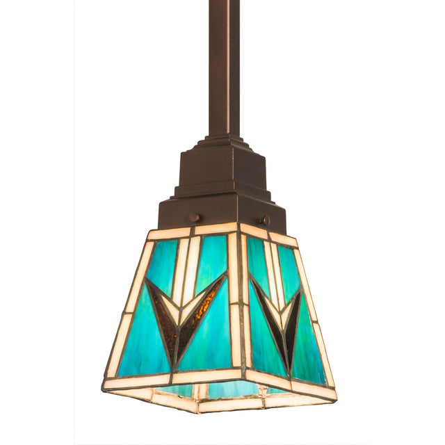 Front view of Valencia Mission Mini Pendant with turquoise and brown stained glass.