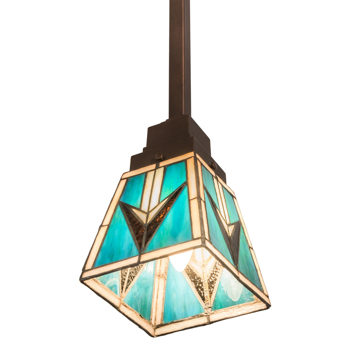 Lit view of Valencia Mission Mini Pendant with vibrant turquoise glow.