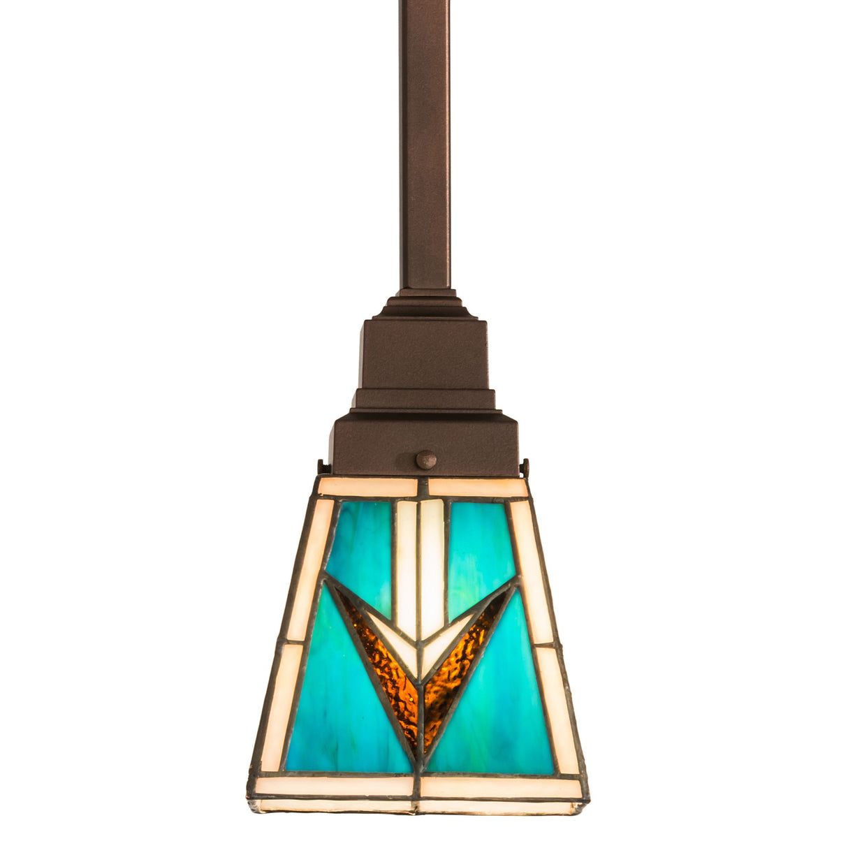 Side view of Valencia Mission Mini Pendant featuring turquoise stained glass details.