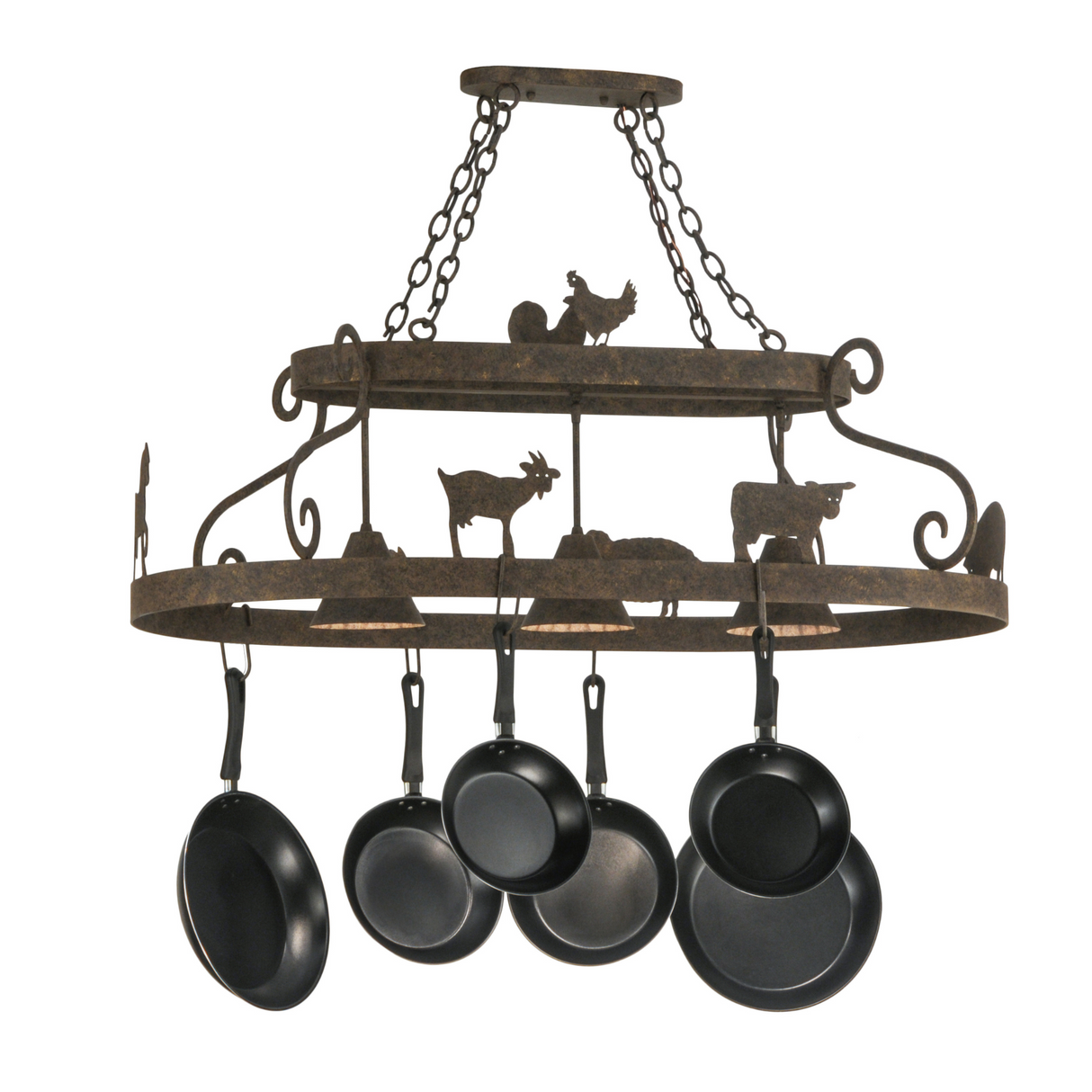 Rustic Barn Animals 3-Light Pot Rack Chandelier with Hanging Pans.