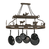 Rustic Barn Animals 3-Light Pot Rack Chandelier with Hanging Pans.