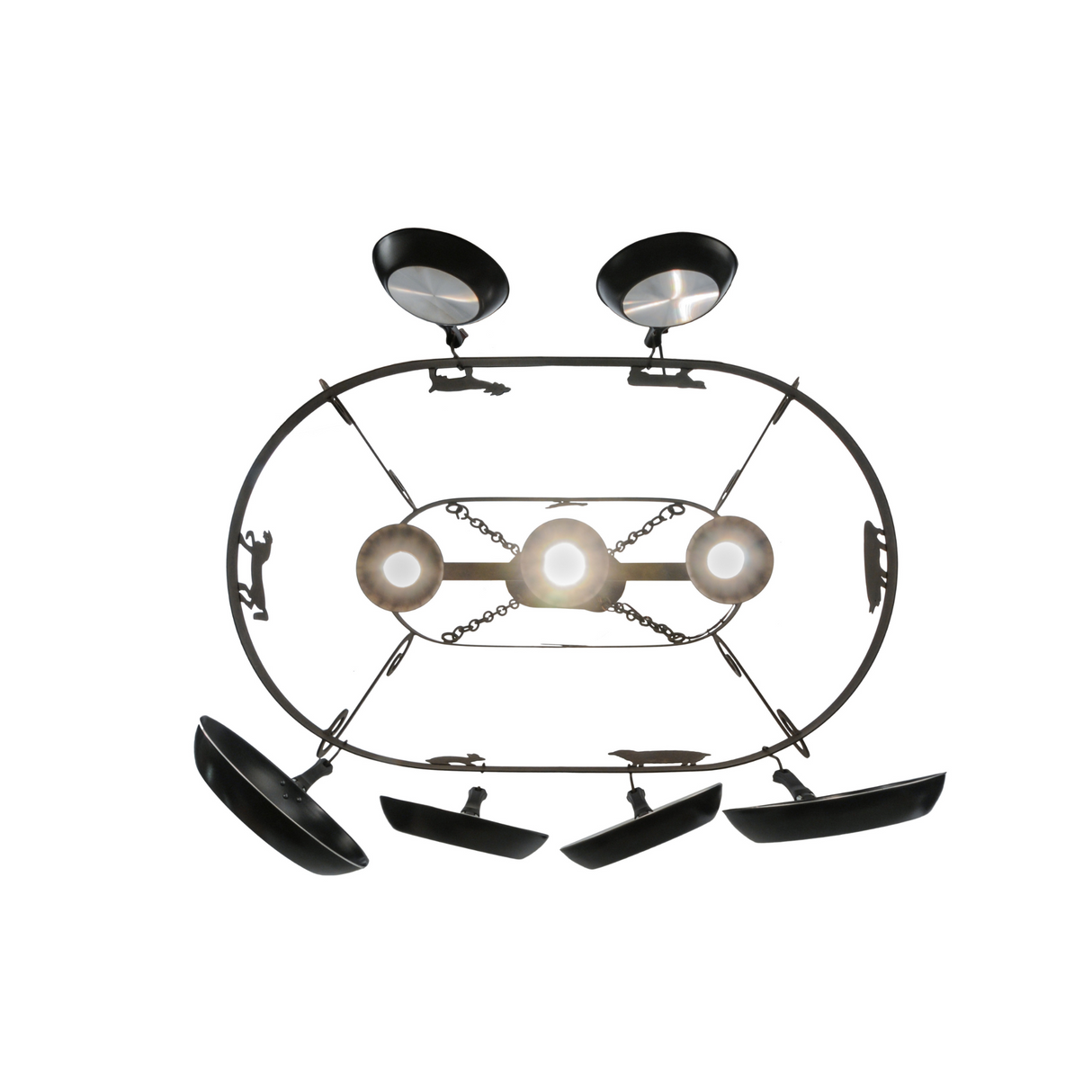 Bottom View of 46" Barn Animals 3-Light Pot Rack Chandelier.