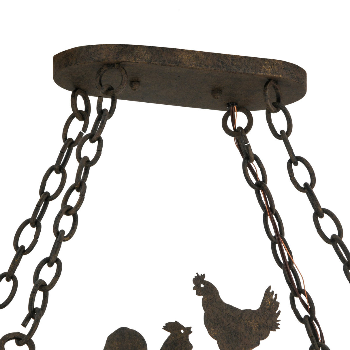 Chain and Canopy Detail of Rustic Barn Animals Pot Rack Chandelier.