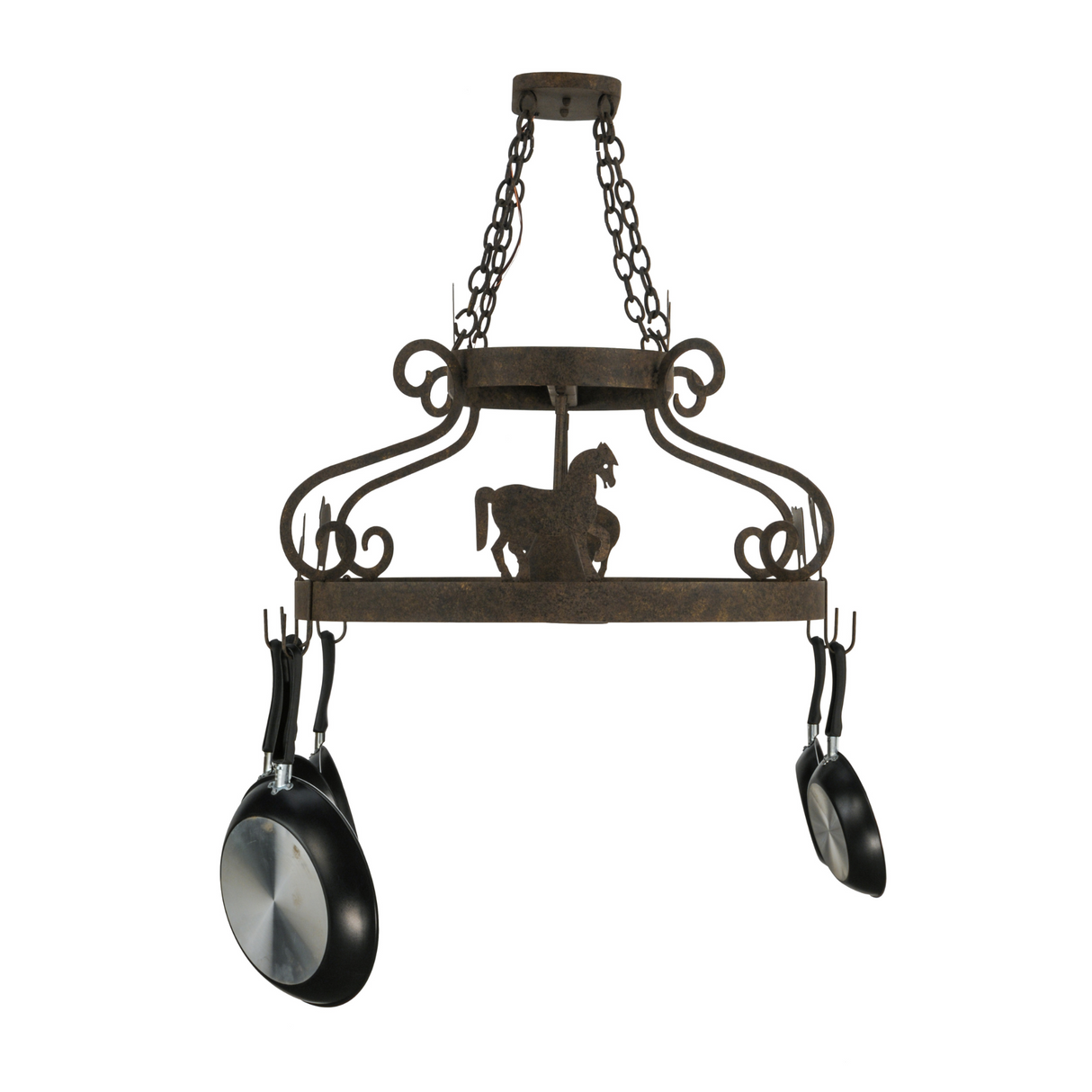Horse Silhouette Detail on Rustic Barn Animals Pot Rack Frame.