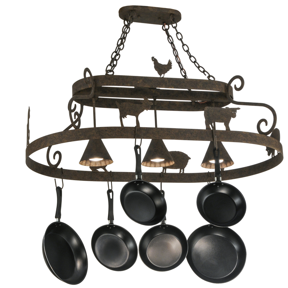 3-Light Barn Animals Pot Rack Chandelier Illuminated with Downlights.