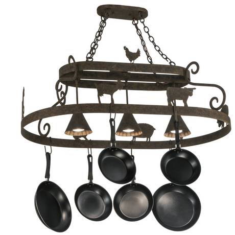 3-Light Barn Animals Pot Rack Chandelier Illuminated with Downlights.