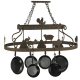 Back View of Barn Animals Kitchen Pot Rack with Hanging Cookware.
