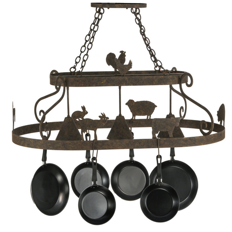 Back View of Barn Animals Kitchen Pot Rack with Hanging Cookware.