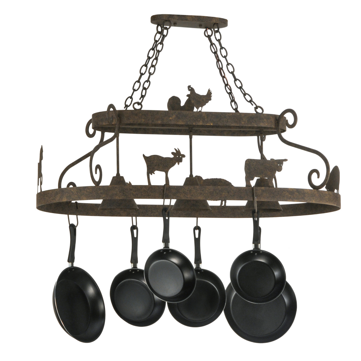 Farmhouse-Style 46" Barn Animals Pot Rack with Goat and Cow Silhouettes.