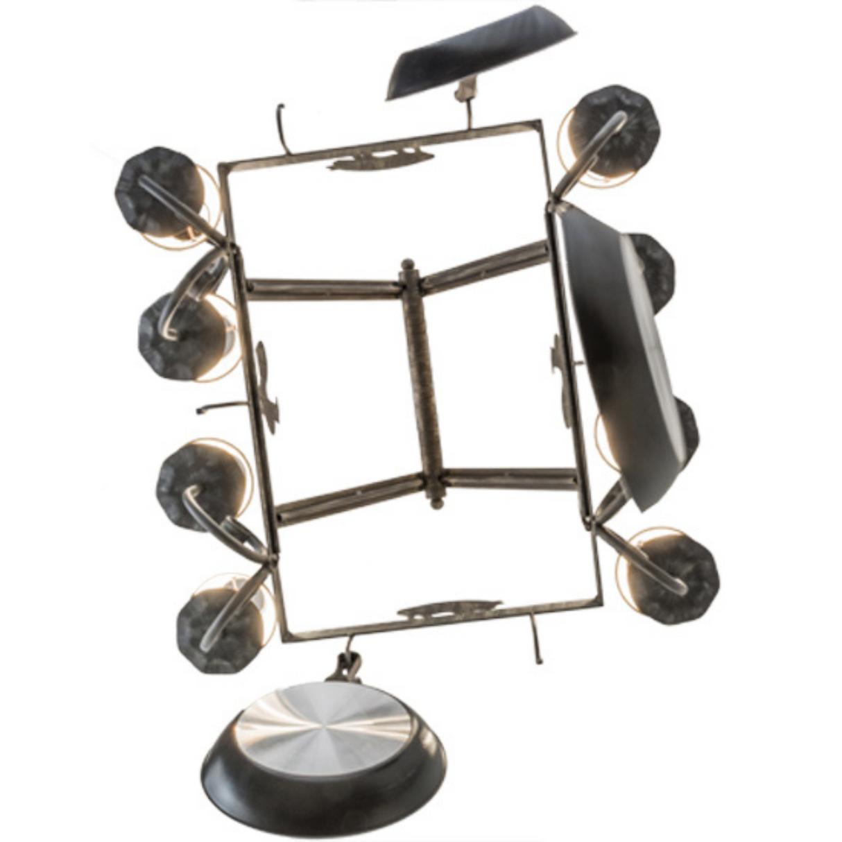 Bottom view of pot rack chandelier with lights turned on.