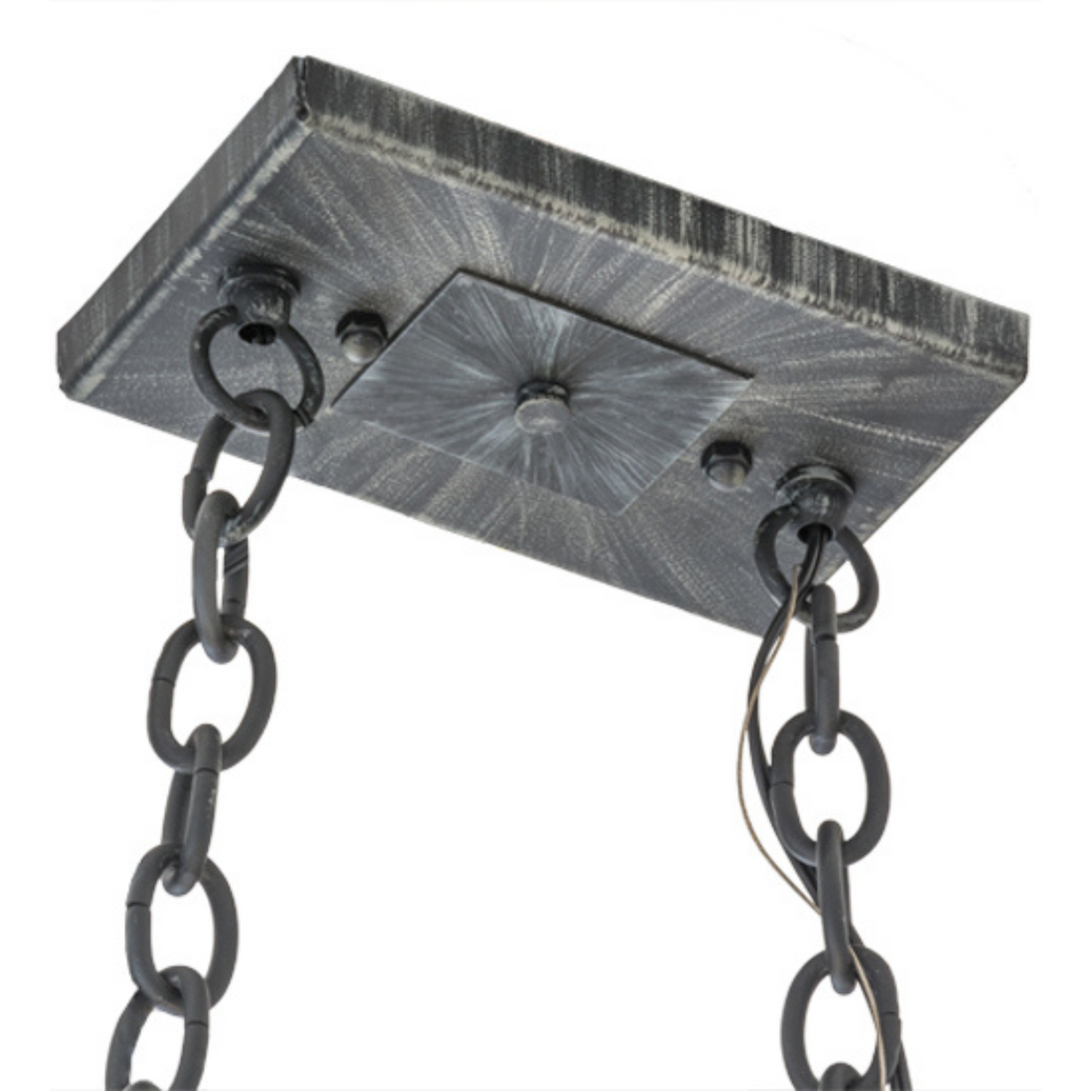 Ceiling canopy and chain detail of farmhouse pot rack chandelier.