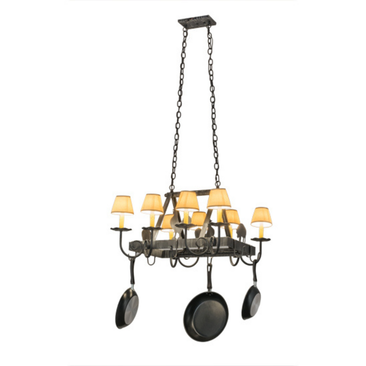Full-length view of barn animal chandelier with glowing lamps.
