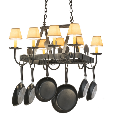 Rustic barn animal pot rack chandelier lit, angled view.