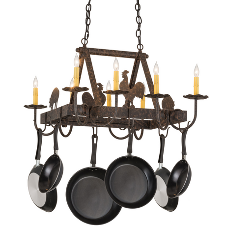 Lit Barn Animals pot rack chandelier with rooster and pig silhouettes