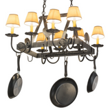 Corner angle view of farmhouse chandelier with eight lights.