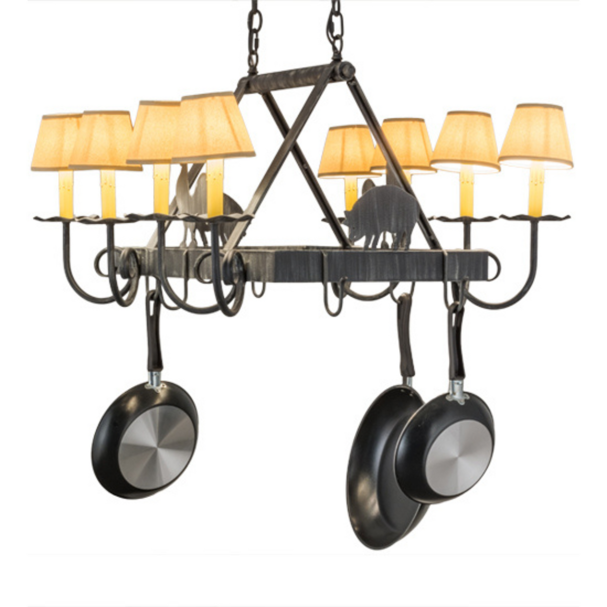 Diagonal view showing hanging cookware and glowing lamps.