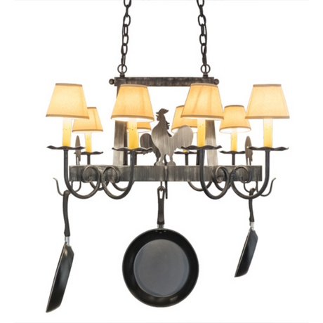 Front view barn animals chandelier with rooster silhouette.