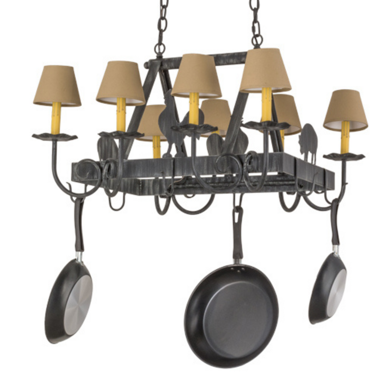 Farmhouse style pot rack chandelier unlit, angled view.