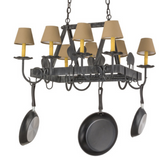 Farmhouse style pot rack chandelier unlit, angled view.