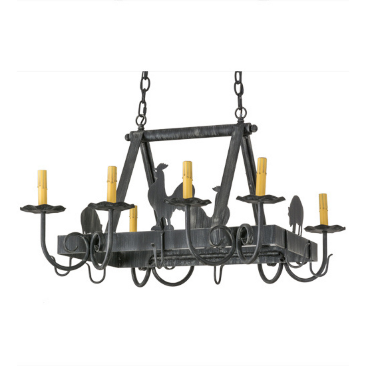Barn animal pot rack chandelier unlit, no cookware hanging.