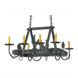 Barn animal pot rack chandelier unlit, no cookware hanging.