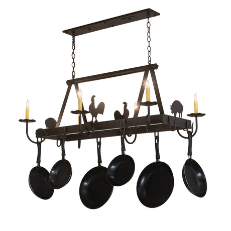 Front view of barn animals chandelier pot rack lit.