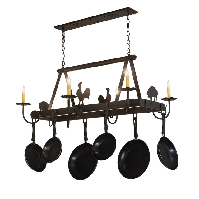 Front view of barn animals chandelier pot rack lit.