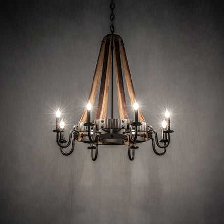 Barrel Stave chandelier providing warm ambient lighting in dark room.