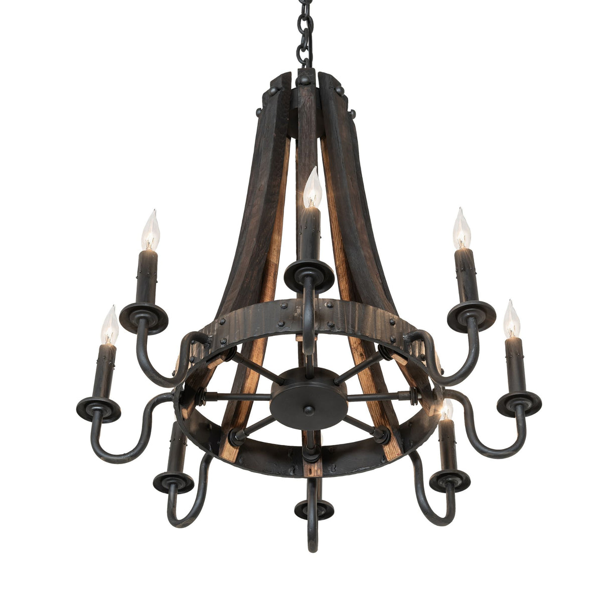 Bottom angle view of chandelier showing underside structure and candle arm spacing.