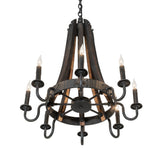Bottom angle view of chandelier showing underside structure and candle arm spacing.