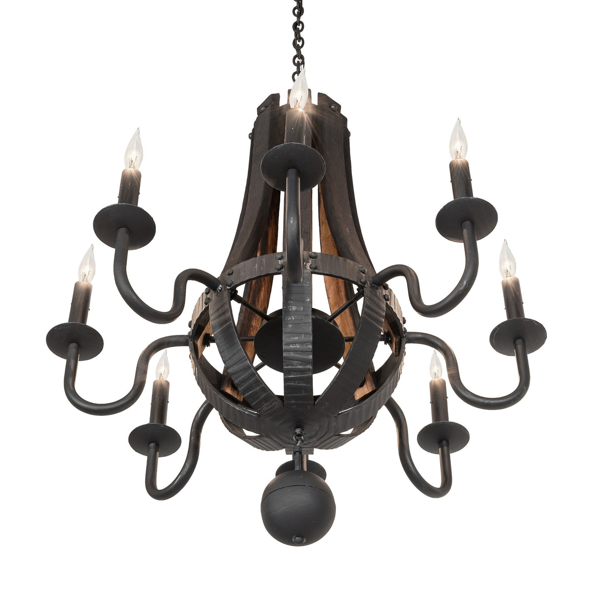 Bottom angle view showing orb finial, metal cage structure, and candlelight arrangement.