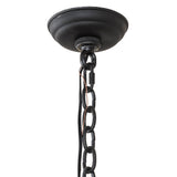 Ceiling canopy and adjustable chain in dark rustic metal finish.